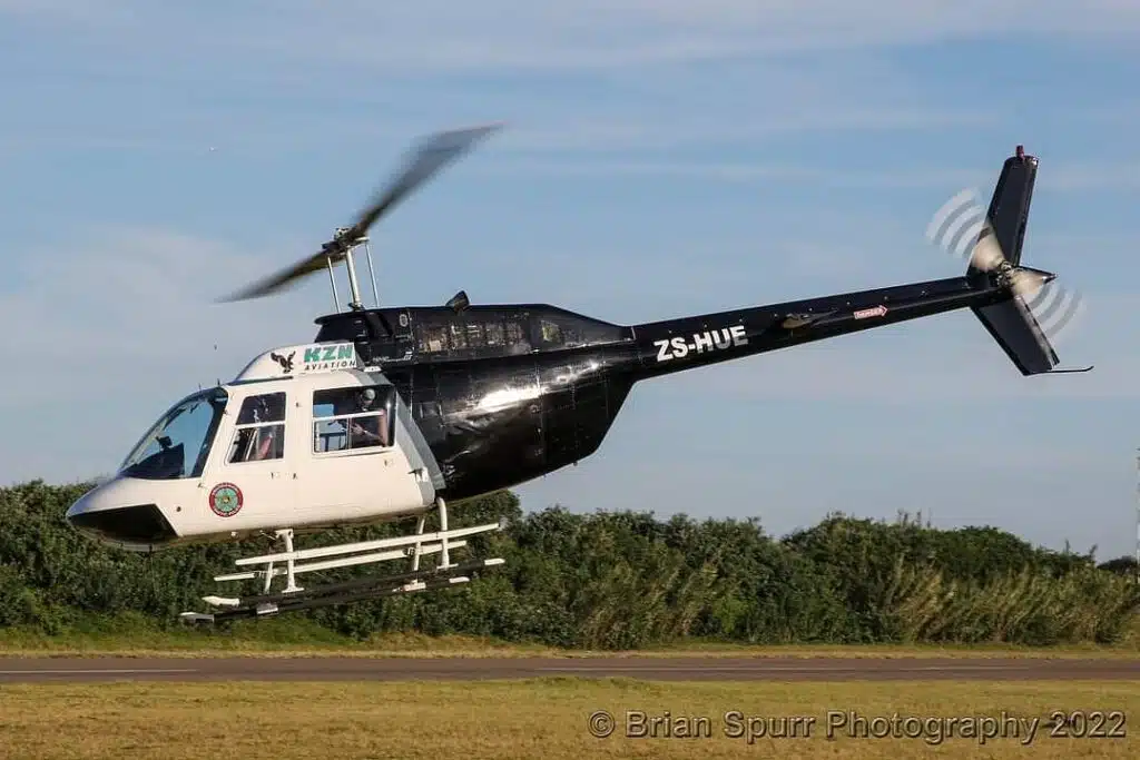 KZN Aviation’s Bell 206 JetRanger helicopter ZS-HUE with 1 gas turbine engine, 4-passenger capacity, and 525km range.