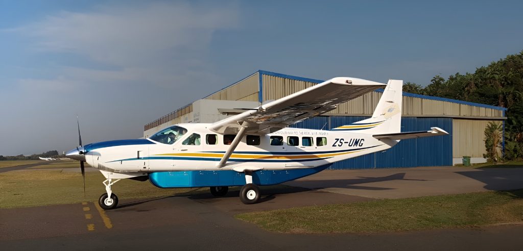 KZN Aviation's Cessna Caravan aircraft ZS-UNG parked at hangar, part of the luxury fleet based at Virginia Airport, Durban.